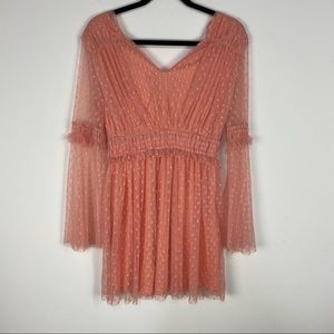 Loveriche Pink Polka Dot Texture Open Back Mini Dress Long Sleeve